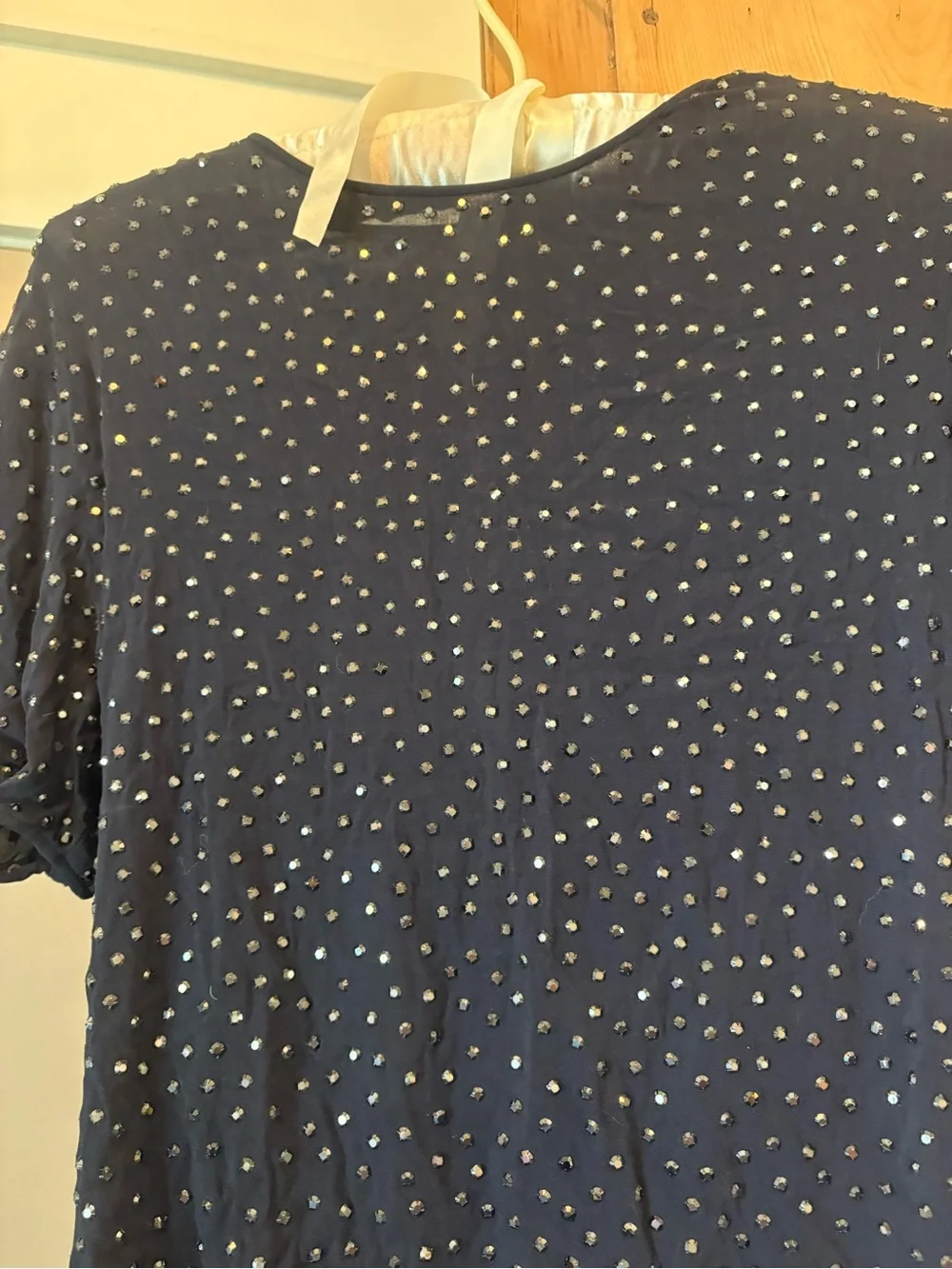 Pamela Dennis Navy Short Sleeve Sequin Dot Top